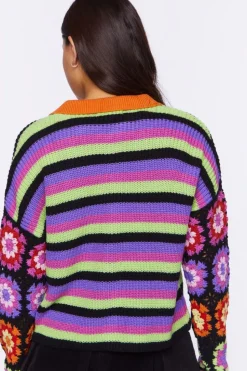 Crochet-Sleeve Striped Zip-Up Sweater