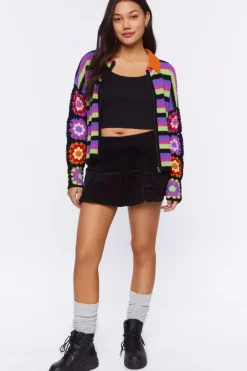Crochet-Sleeve Striped Zip-Up Sweater