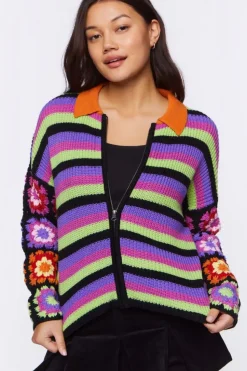 Crochet-Sleeve Striped Zip-Up Sweater