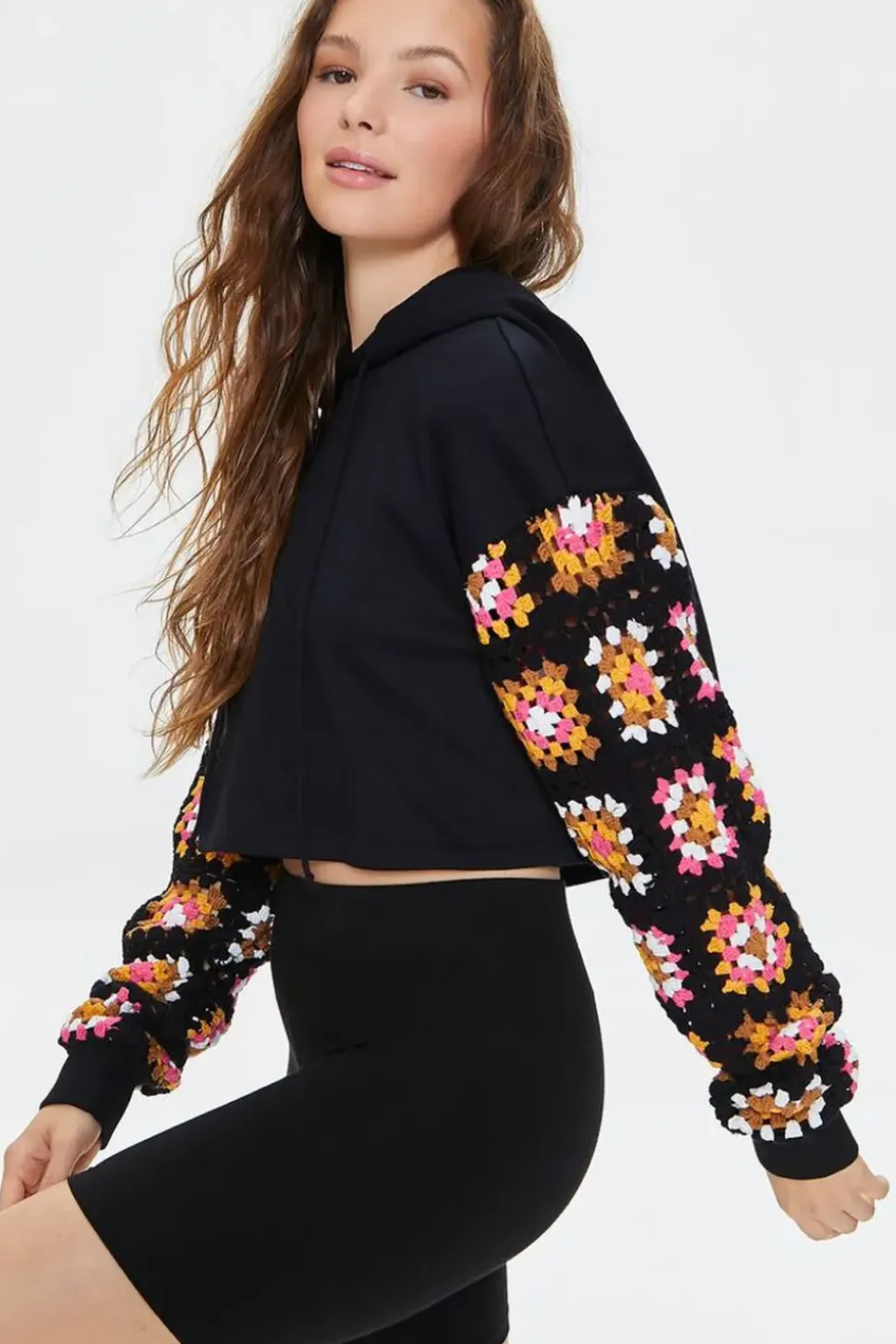 Cropped Crochet-Sleeve Hoodie