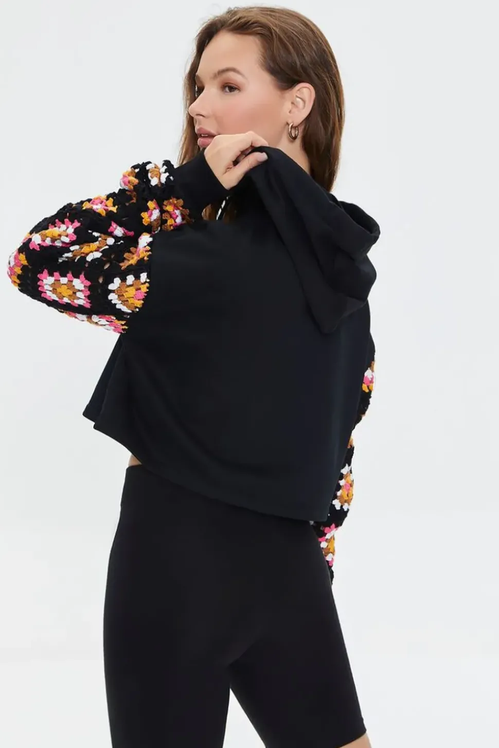 Cropped Crochet-Sleeve Hoodie