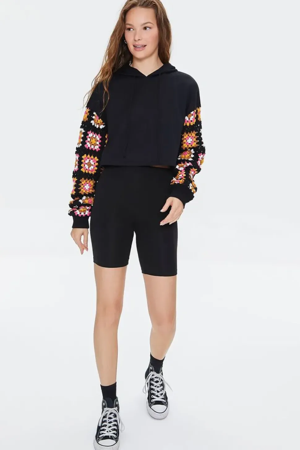 Cropped Crochet-Sleeve Hoodie