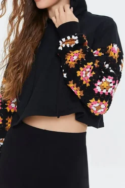 Cropped Crochet-Sleeve Hoodie