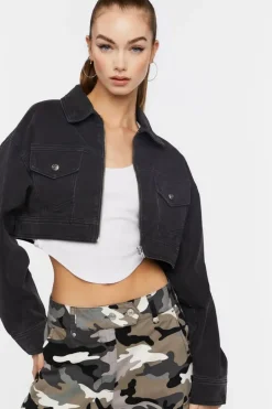 Cropped Denim Zip-Up Trucker Jacket