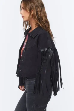 Cropped Fringe Denim Trucker Jacket