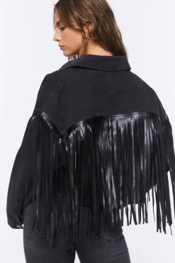 Cropped Fringe Denim Trucker Jacket