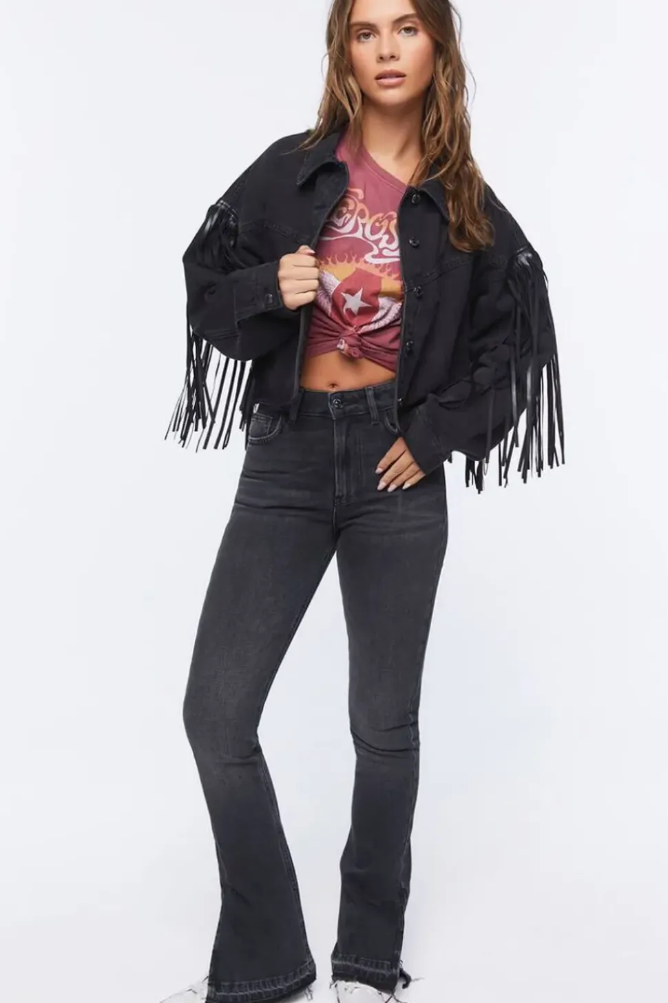 Cropped Fringe Denim Trucker Jacket