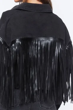 Cropped Fringe Denim Trucker Jacket