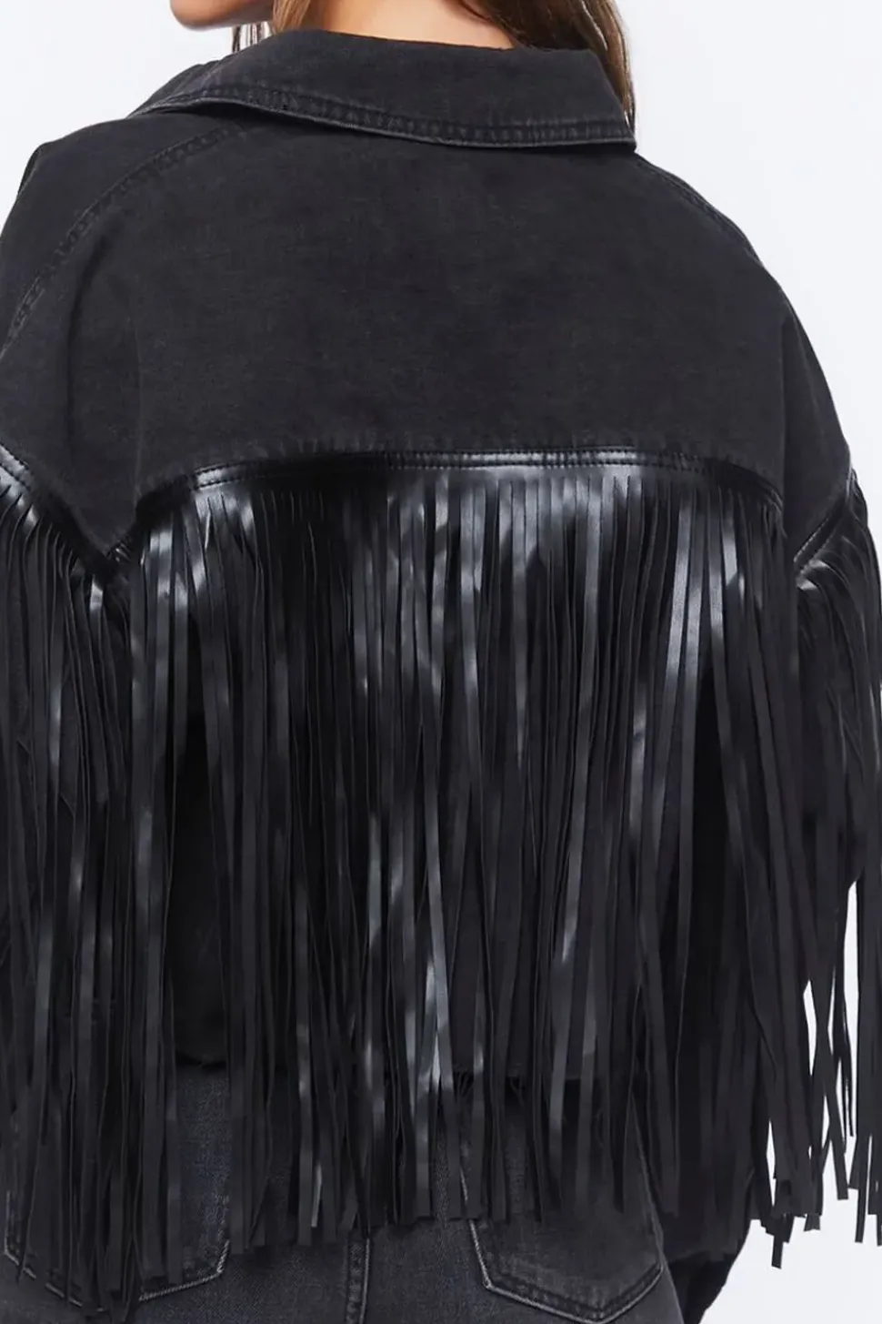 Cropped Fringe Denim Trucker Jacket