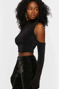 Cutout Glove-Sleeve Crop Top
