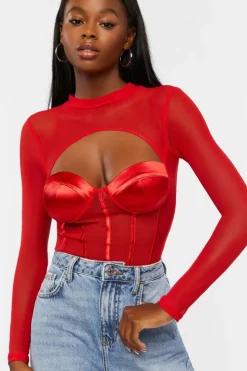 Cutout Mesh Sweetheart Bodysuit