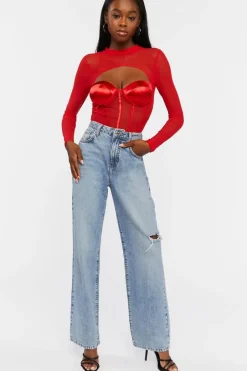 Cutout Mesh Sweetheart Bodysuit