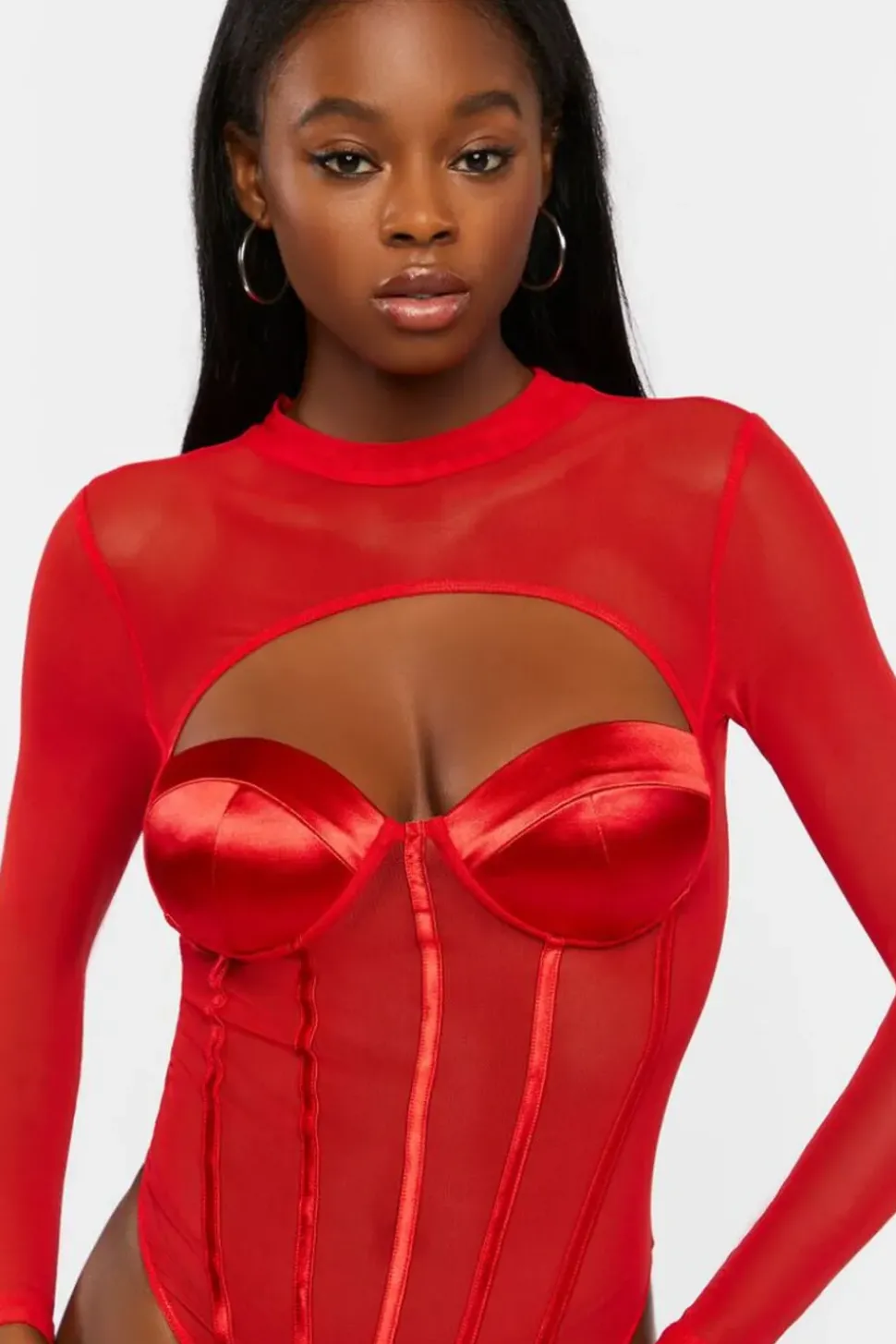 Cutout Mesh Sweetheart Bodysuit