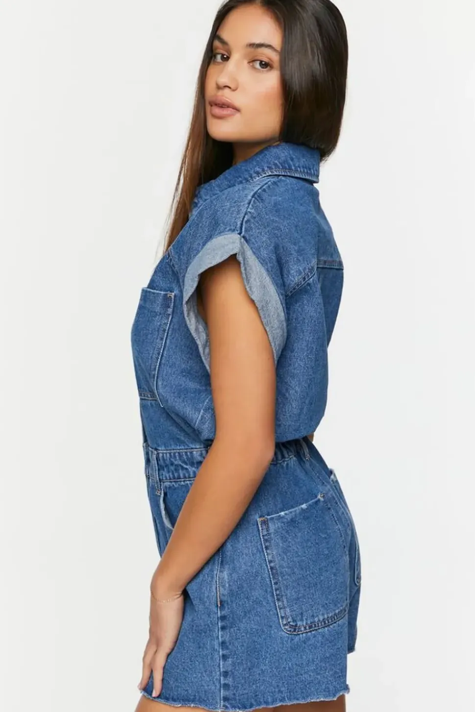 Denim Cuffed-Sleeve Romper