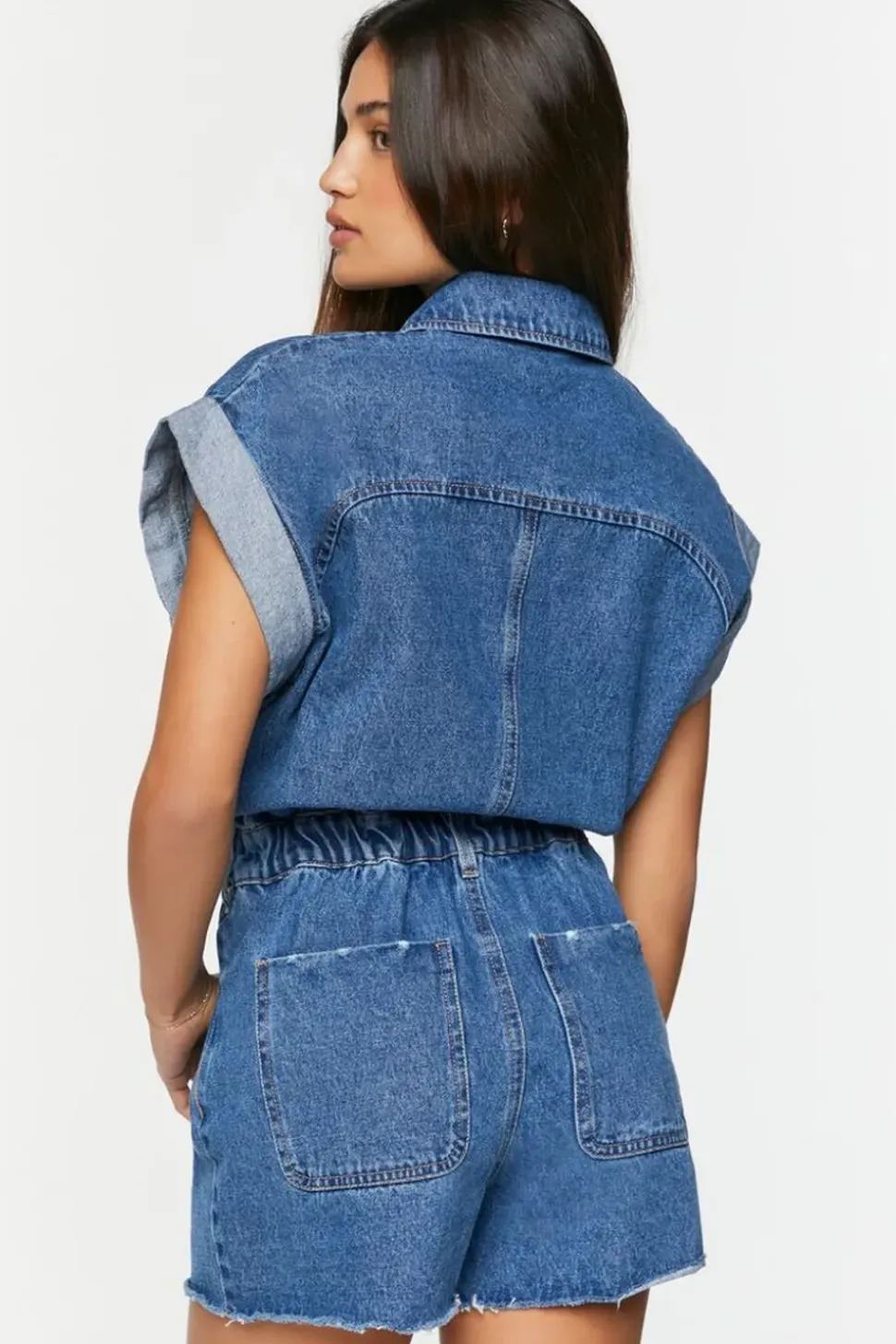 Denim Cuffed-Sleeve Romper