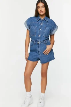 Denim Cuffed-Sleeve Romper