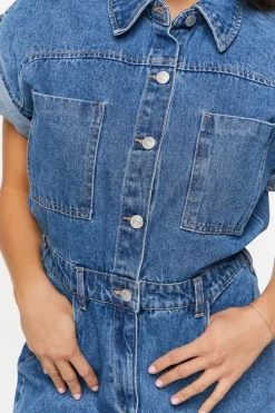 Denim Cuffed-Sleeve Romper