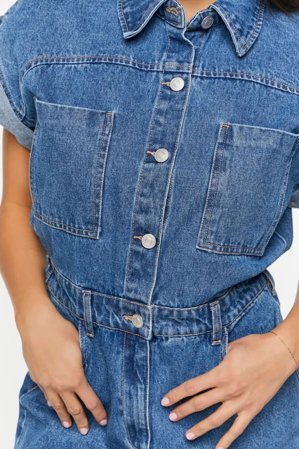 Denim Cuffed-Sleeve Romper