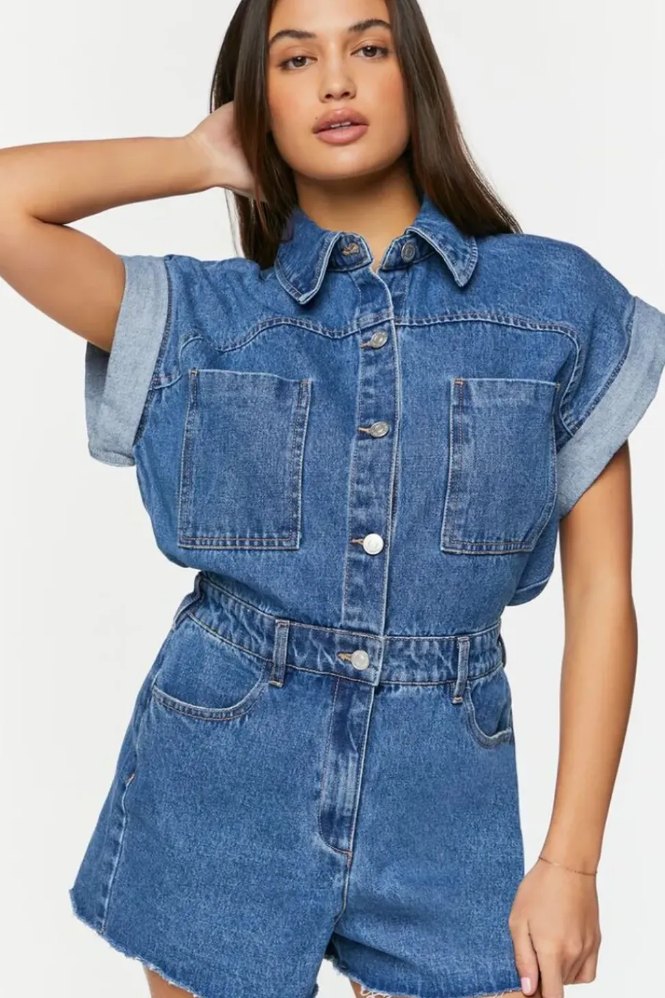Denim Cuffed-Sleeve Romper