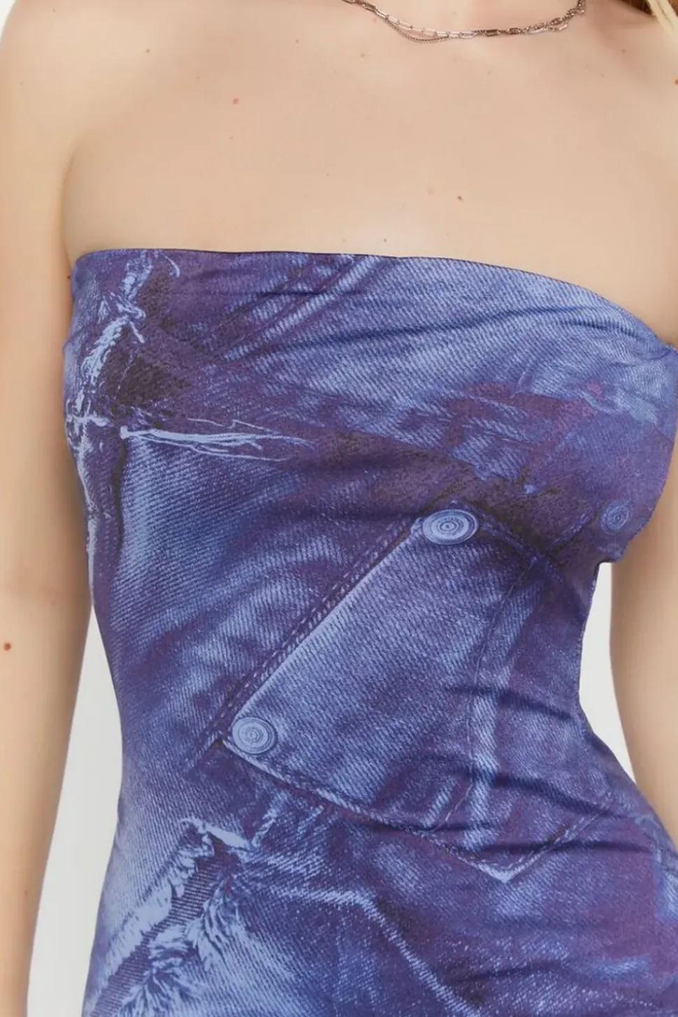 Denim Print Midi Tube Dress