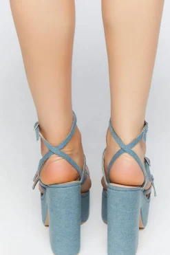 Denim Rhinestone Strappy Block Heels