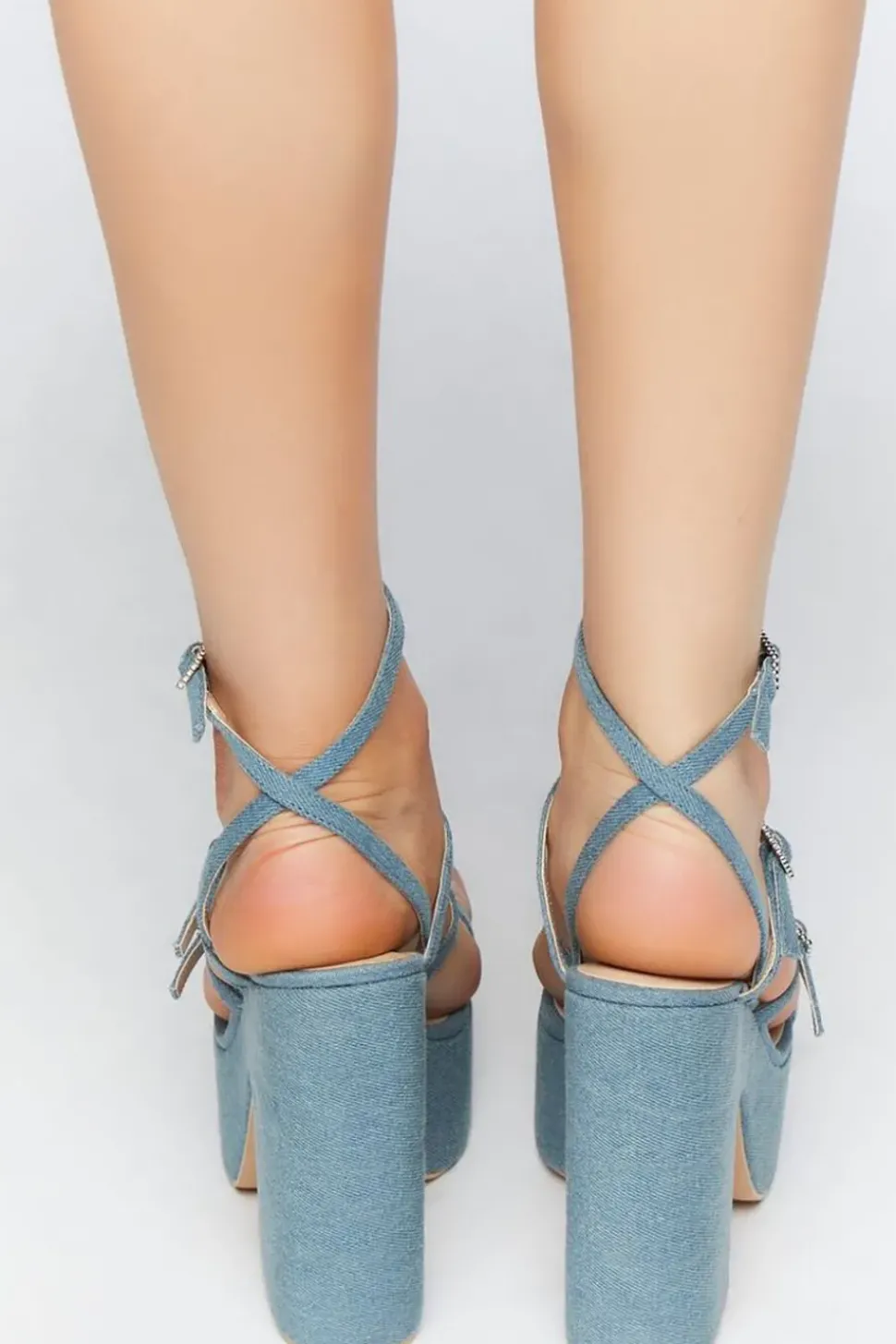 Denim Rhinestone Strappy Block Heels
