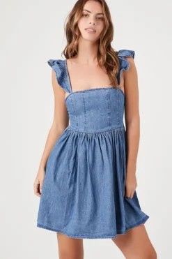 Denim Ruffle-Strap Mini Dress
