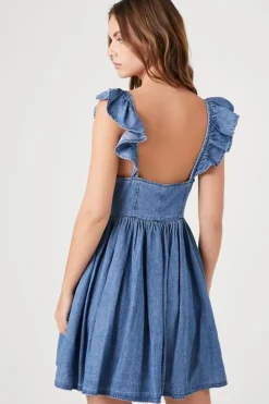 Denim Ruffle-Strap Mini Dress
