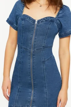 Denim Zip-Up Sweetheart Mini Dress