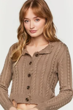 Distressed Cable Knit Cardigan Sweater