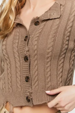 Distressed Cable Knit Cardigan Sweater
