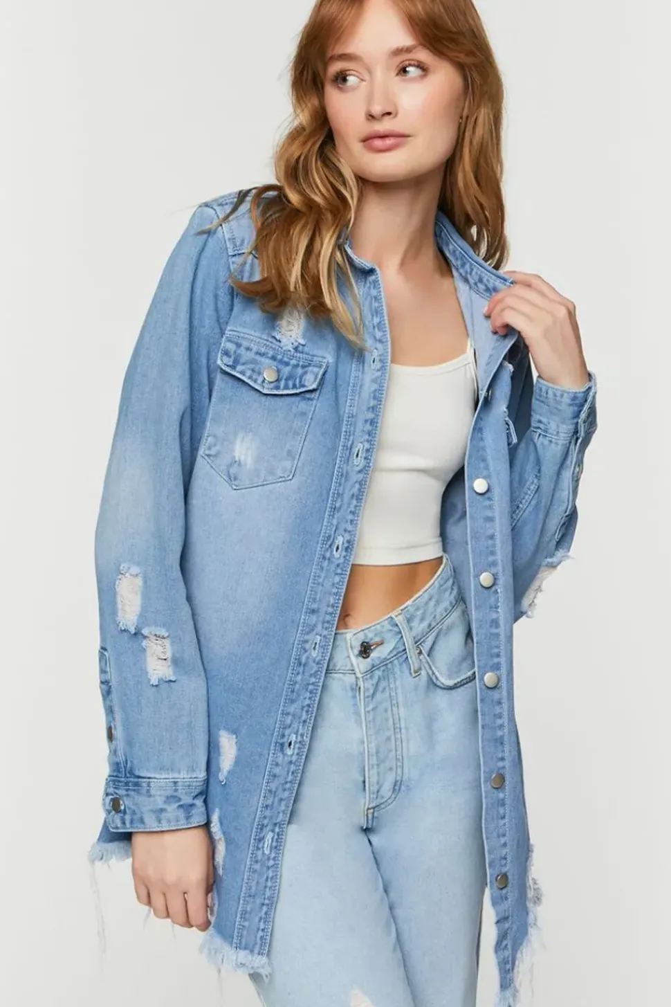 Distressed Denim Longline Trucker Jacket