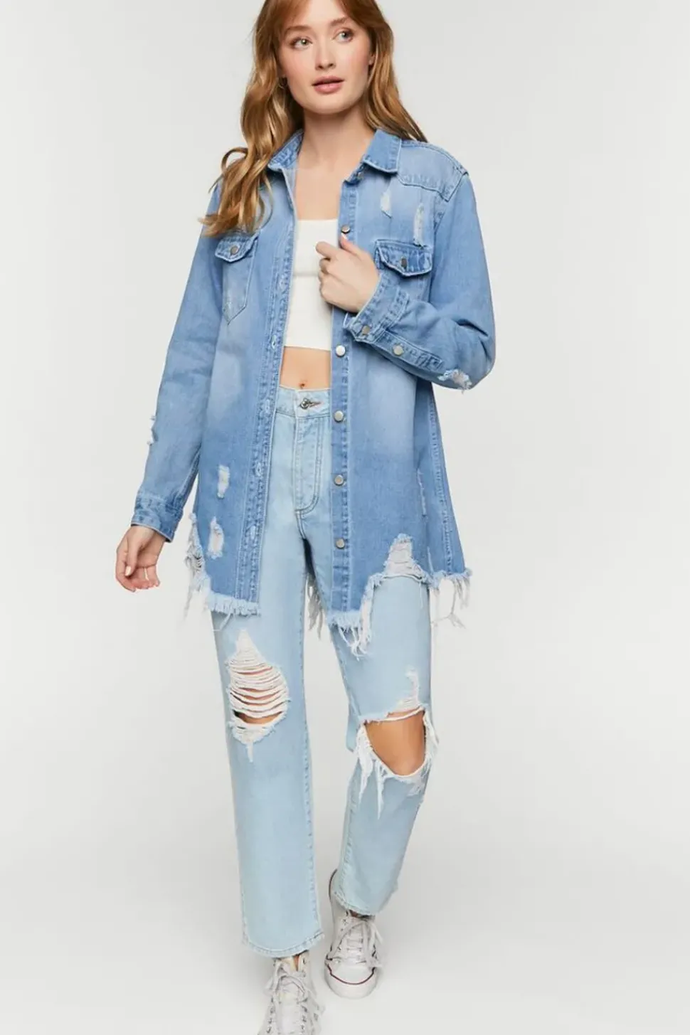 Distressed Denim Longline Trucker Jacket