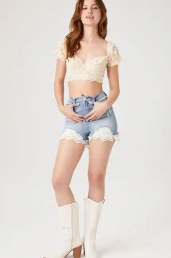 Distressed Lace-Trim Denim Shorts