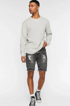 Distressed Moto Denim Shorts