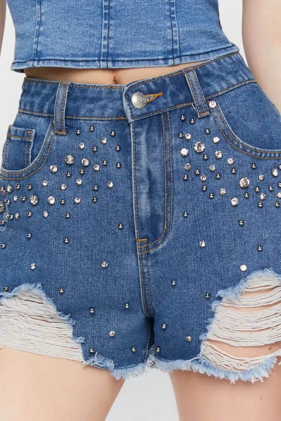 Distressed Rhinestone Denim Shorts