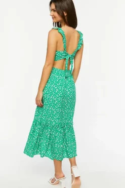 Ditsy Floral Ruffled Cutout Midi Dress