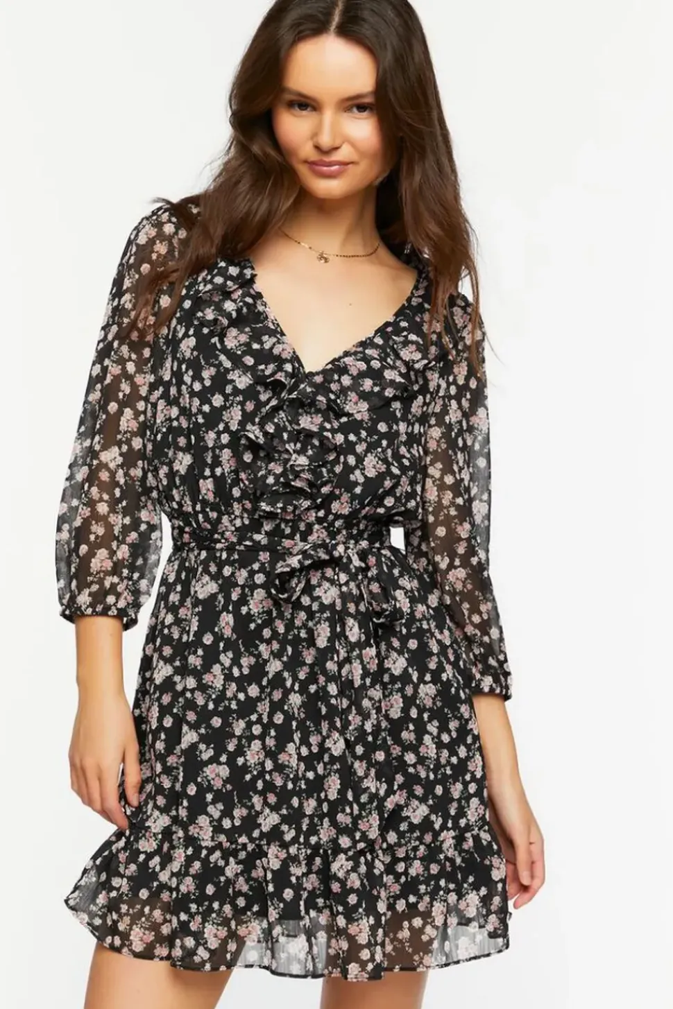 Ditsy Floral Ruffle-Trim Mini Dress