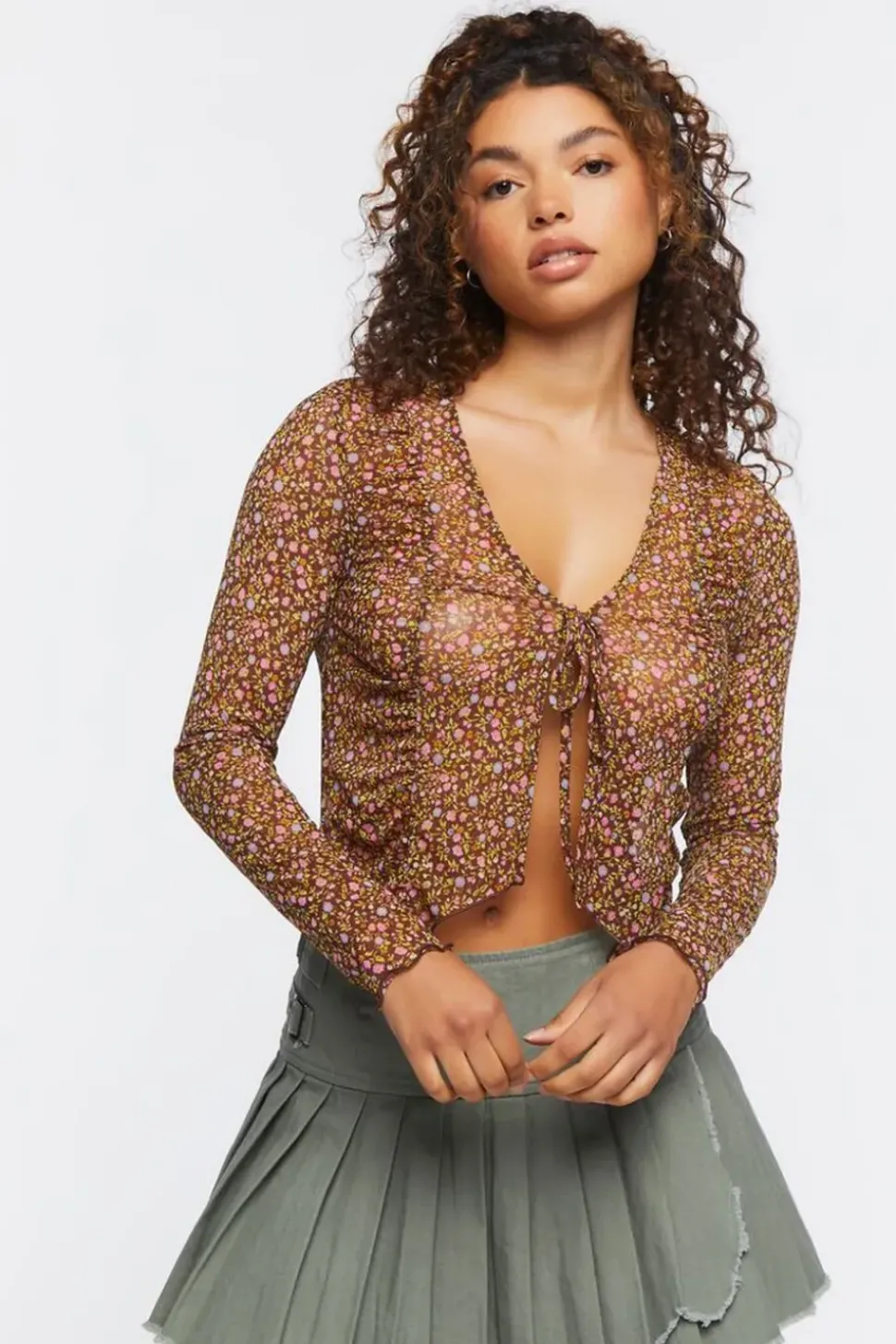 Ditsy Floral Tie-Front Mesh Top