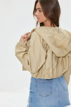 Drawstring Cropped Twill Jacket