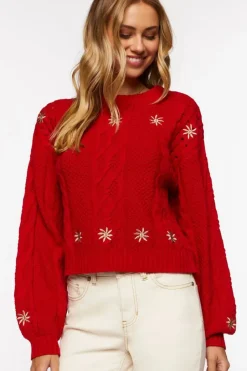 Embroidered Floral Cable Knit Sweater