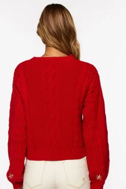 Embroidered Floral Cable Knit Sweater