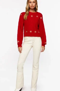 Embroidered Floral Cable Knit Sweater
