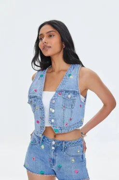 Embroidered Fruit Denim Shorts