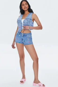 Embroidered Fruit Denim Shorts