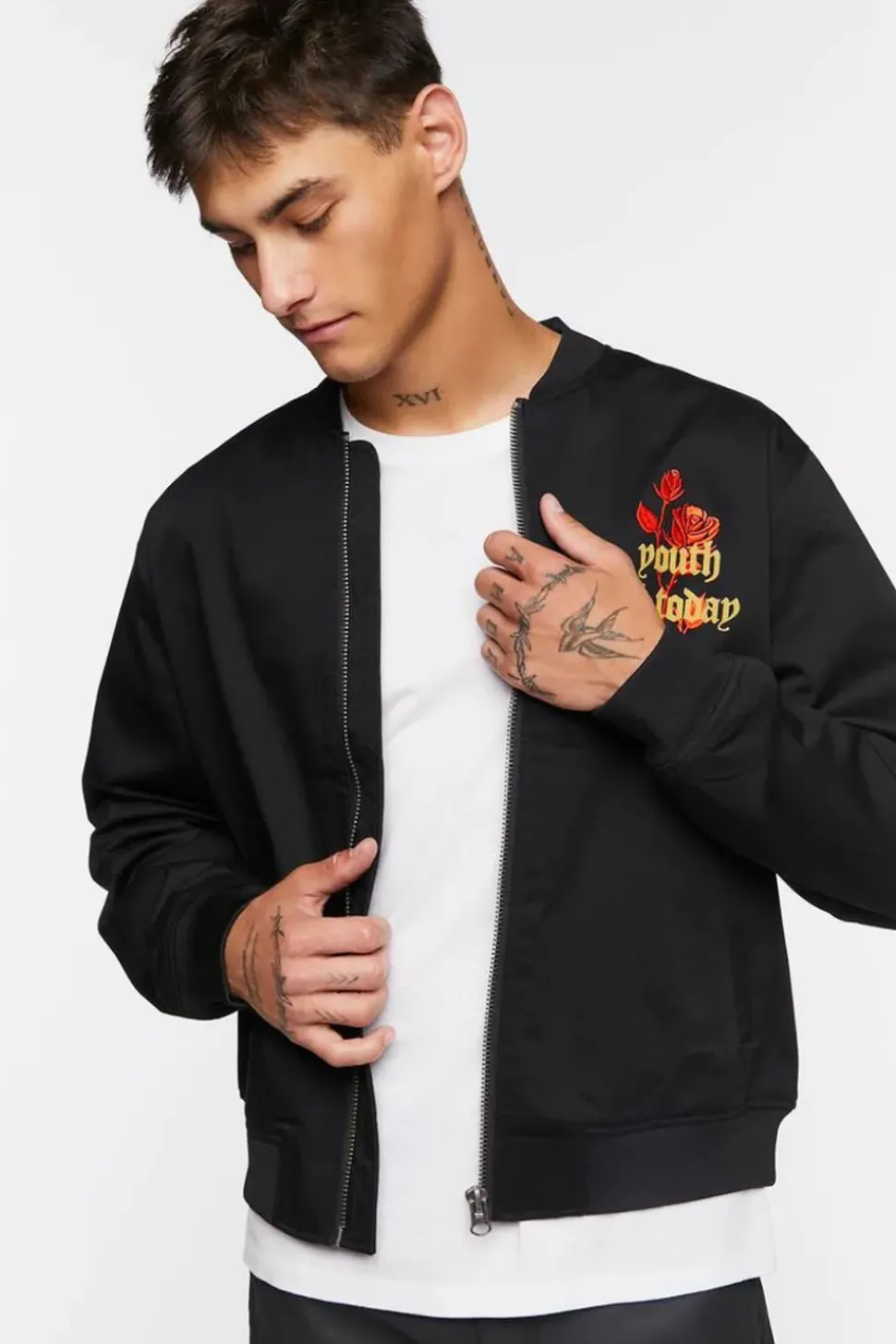 Embroidered Rose Bomber Jacket