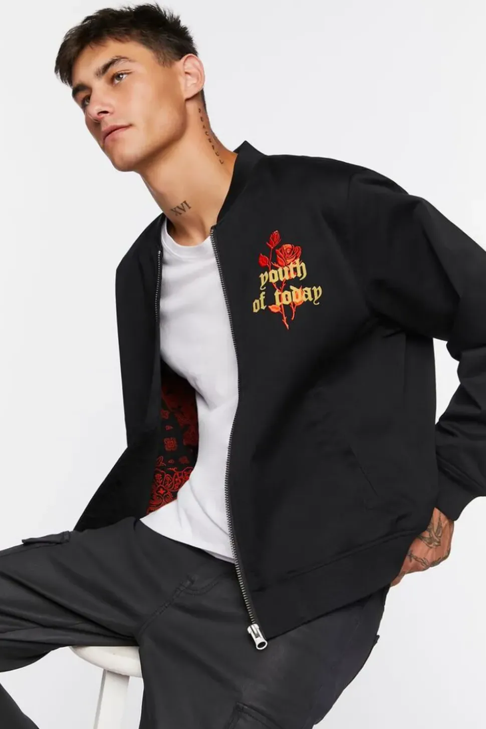 Embroidered Rose Bomber Jacket