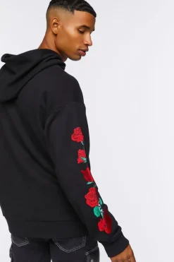 Embroidered Rose Drawstring Hoodie