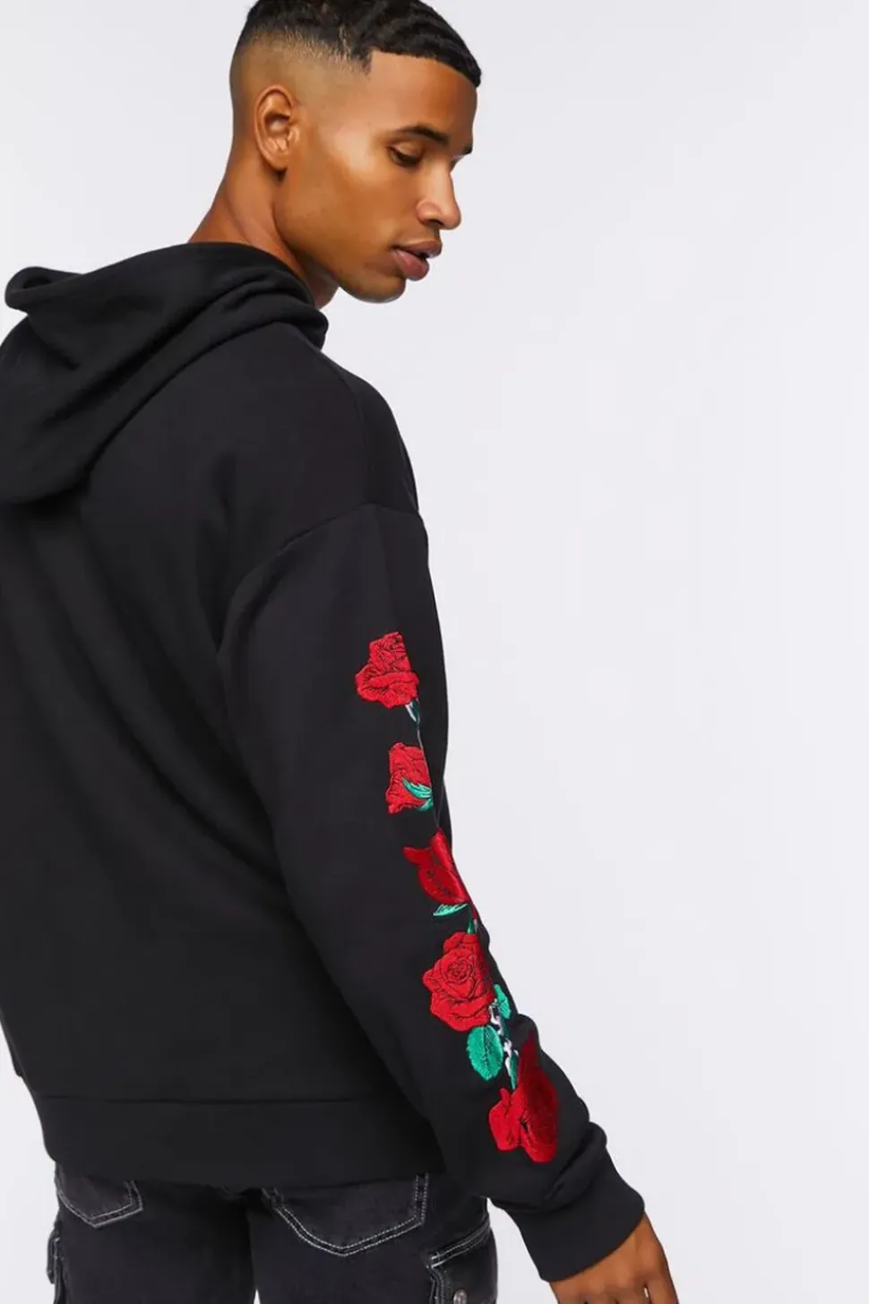 Embroidered Rose Drawstring Hoodie