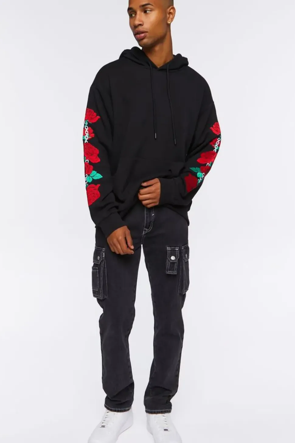 Embroidered Rose Drawstring Hoodie